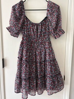 Altar’d State Dress Size Small Red and Navy Floral Puff Sleeve Dress